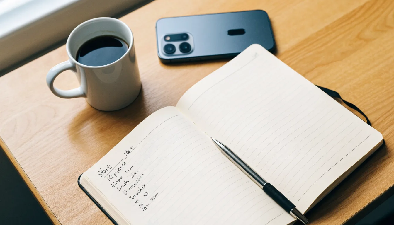 Ein aufgeschlagenes Notizbuch mit handschriftlichen Notizen und ein Kugelschreiber liegen auf einem hellen Schreibtisch neben einer Kaffeetasse.