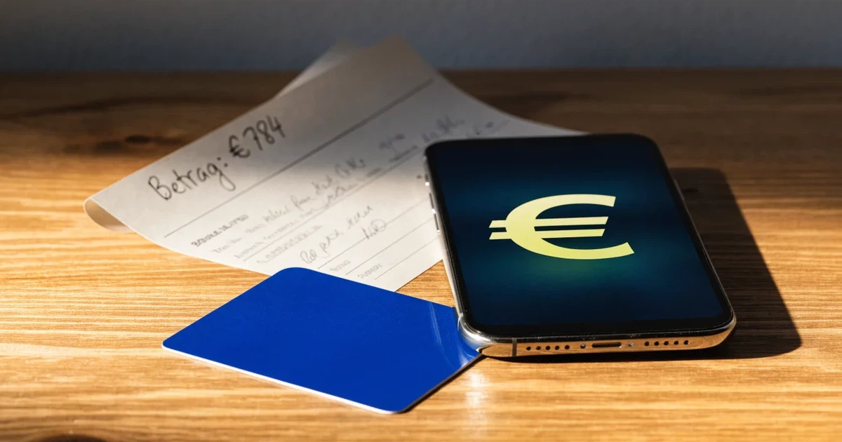 Ein Smartphone liegt mit dem Display nach unten auf einem Holztisch, daneben ein paar Euro-Münzen und eine unbeschriftete Plastikkarte im Morgenlicht.