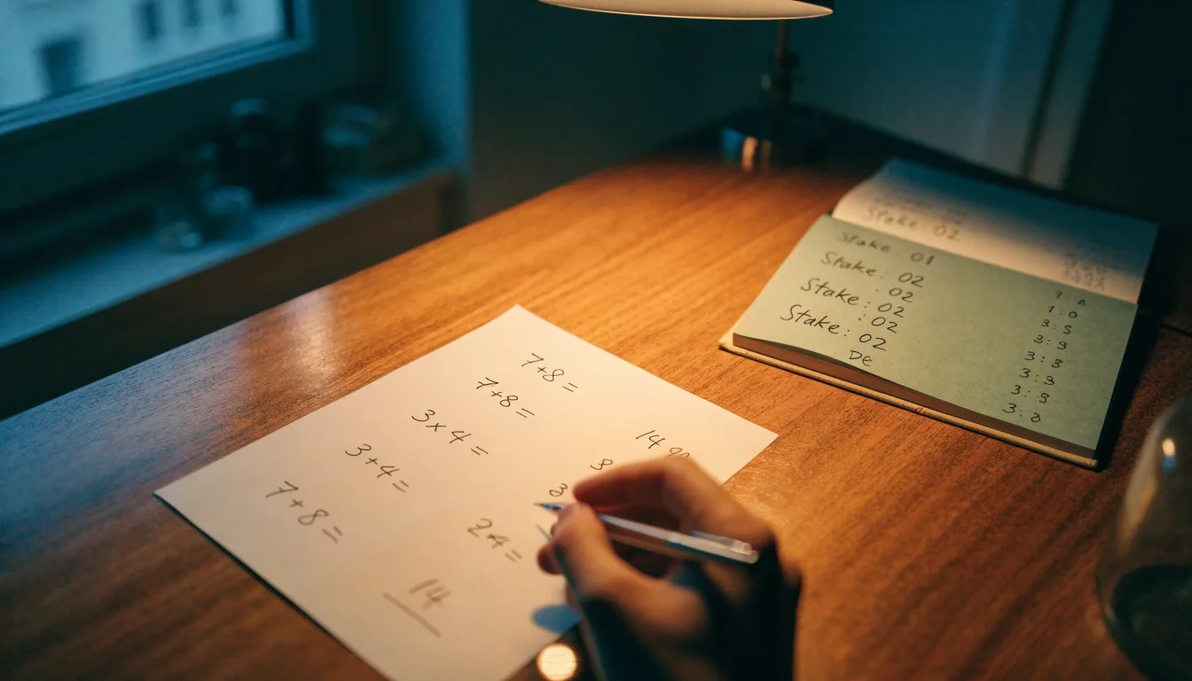 Ein Taschenrechner und ein Blatt Papier mit handschriftlichen Notizen liegen auf einem Schreibtisch unter dem warmen Licht einer Lampe.