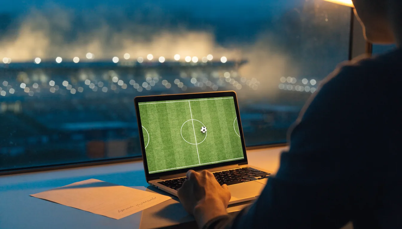 Ein Stadion unter Flutlicht bei Nacht, von einem Hügel aus der Ferne betrachtet, mit Dunst über dem Spielfeld.