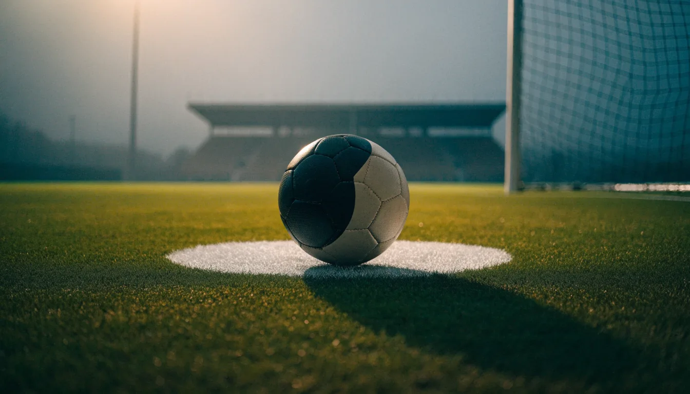 Ein Fußball liegt auf dem Elfmeterpunkt eines leeren Rasenplatzes, im Hintergrund eine Tribüne im Dunst.