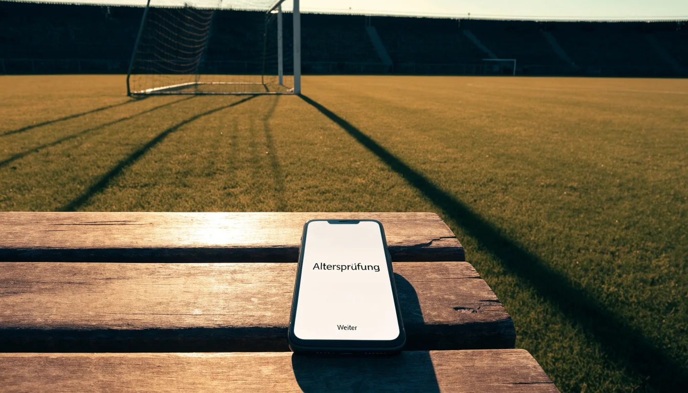 Ein Fußballtor mit Netz bei Sonnenuntergang auf einem leeren Platz, die Schatten der Torpfosten liegen lang auf dem Gras.