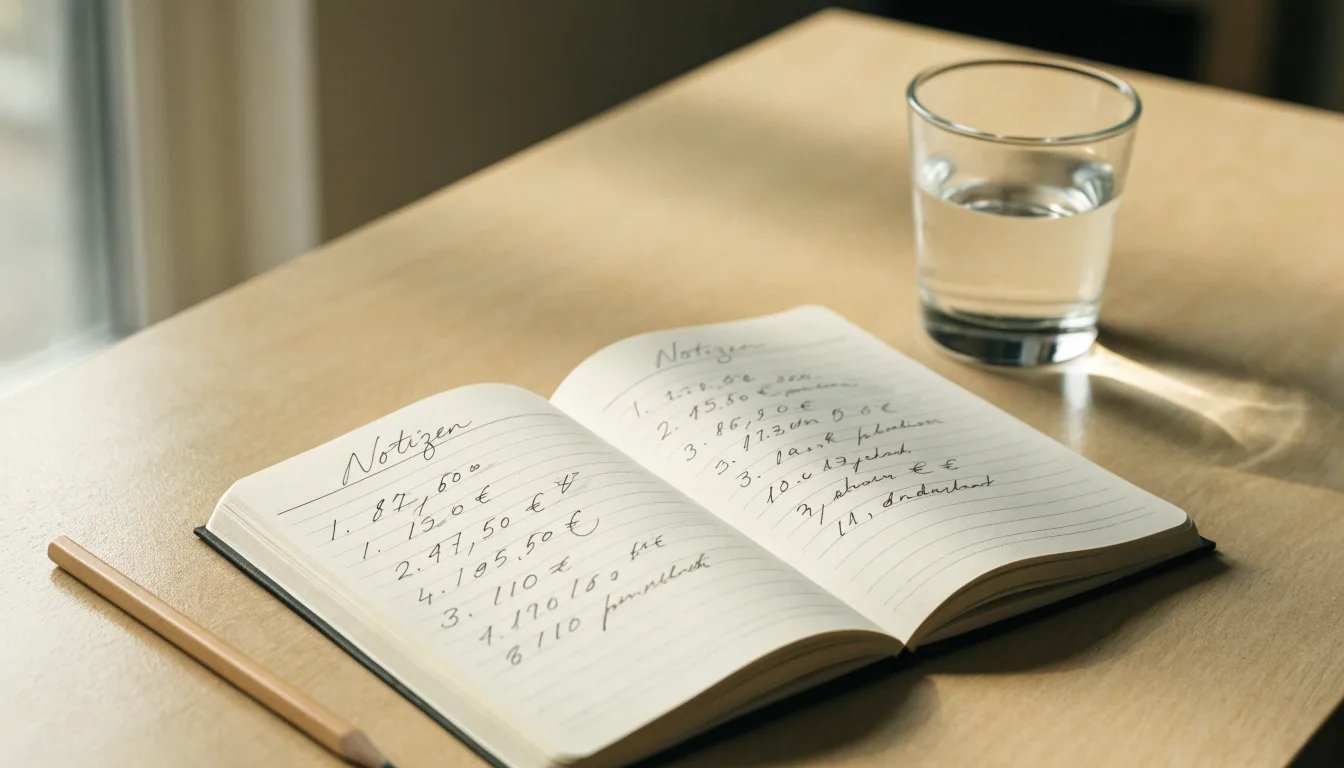 Ein aufgeschlagenes Heft mit handschriftlichen Notizen und ein Bleistift liegen auf einem Schreibtisch, daneben ein Glas Wasser.