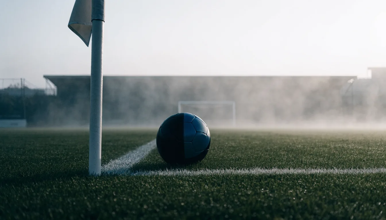 Der Rand eines Spielfelds mit weißer Linie und Eckfahne bei Nebel am frühen Morgen, ohne Menschen.