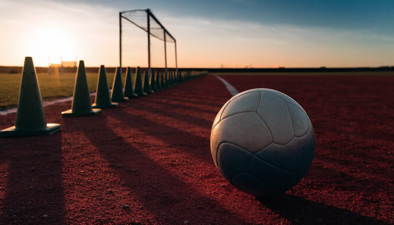 Ein Fußball auf rotem Sandboden neben einer Reihe Hütchen auf einem Trainingsplatz bei untergehender Sonne.