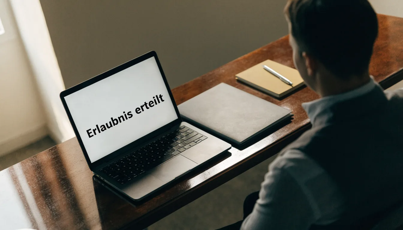 Eine Waage aus Messing und ein geschlossener Aktenordner ohne Beschriftung stehen auf einem polierten Schreibtisch.
