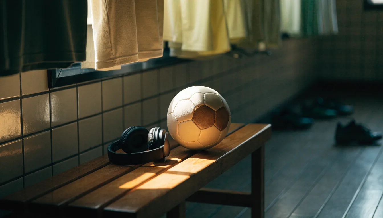 Ein Fußball liegt neben Kopfhörern auf einer Holzbank in einer Umkleide, Licht fällt durch ein schmales Fenster.