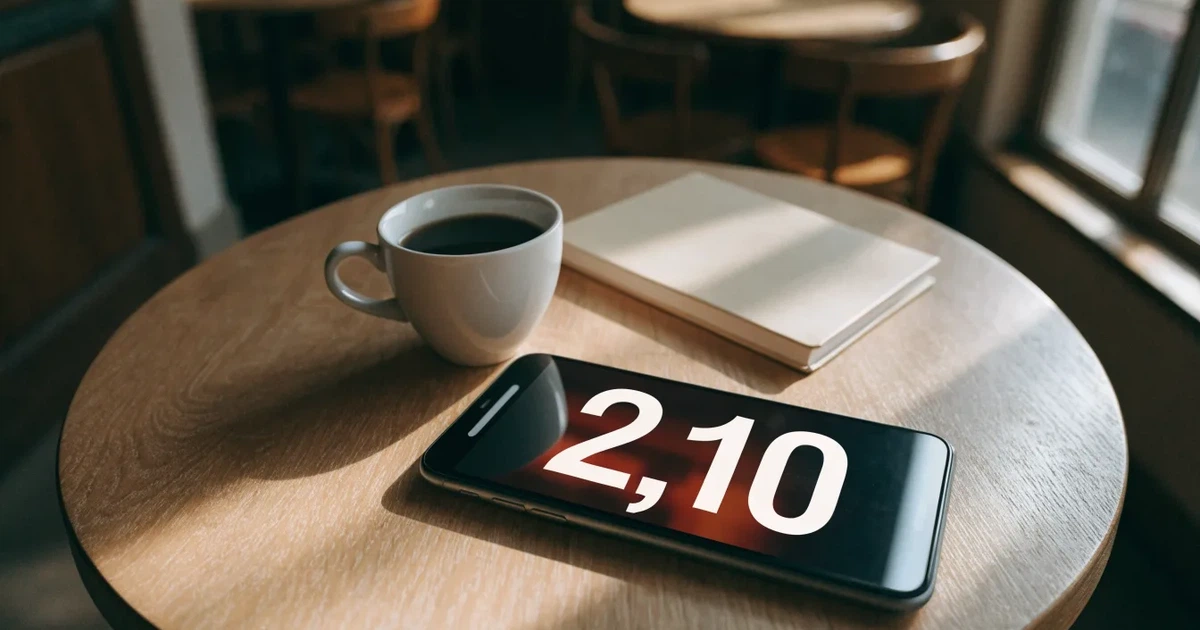 Ein Smartphone mit dunklem Bildschirm liegt auf einem Tisch in einem Café, daneben eine Tasse und ein Notizbuch.