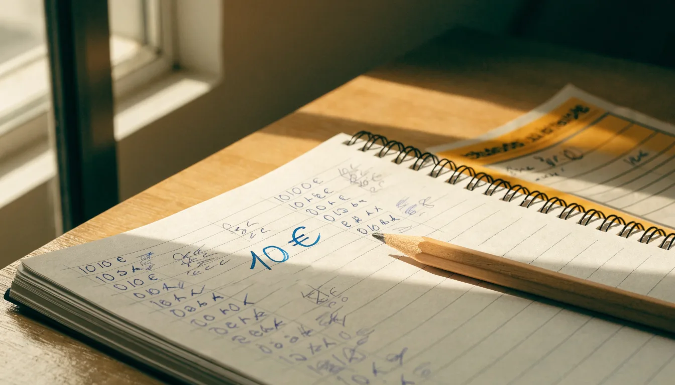 Ein handschriftlich geführtes Heft mit Strichlisten liegt neben einem Bleistift auf einem Tisch, seitlich fällt Tageslicht herein.