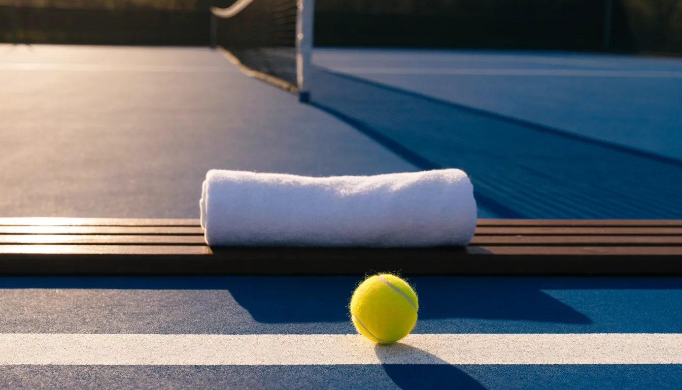Ein gelber Tennisball liegt auf einer weißen Linie, daneben ein Handtuch auf einer Bank am Spielfeldrand.