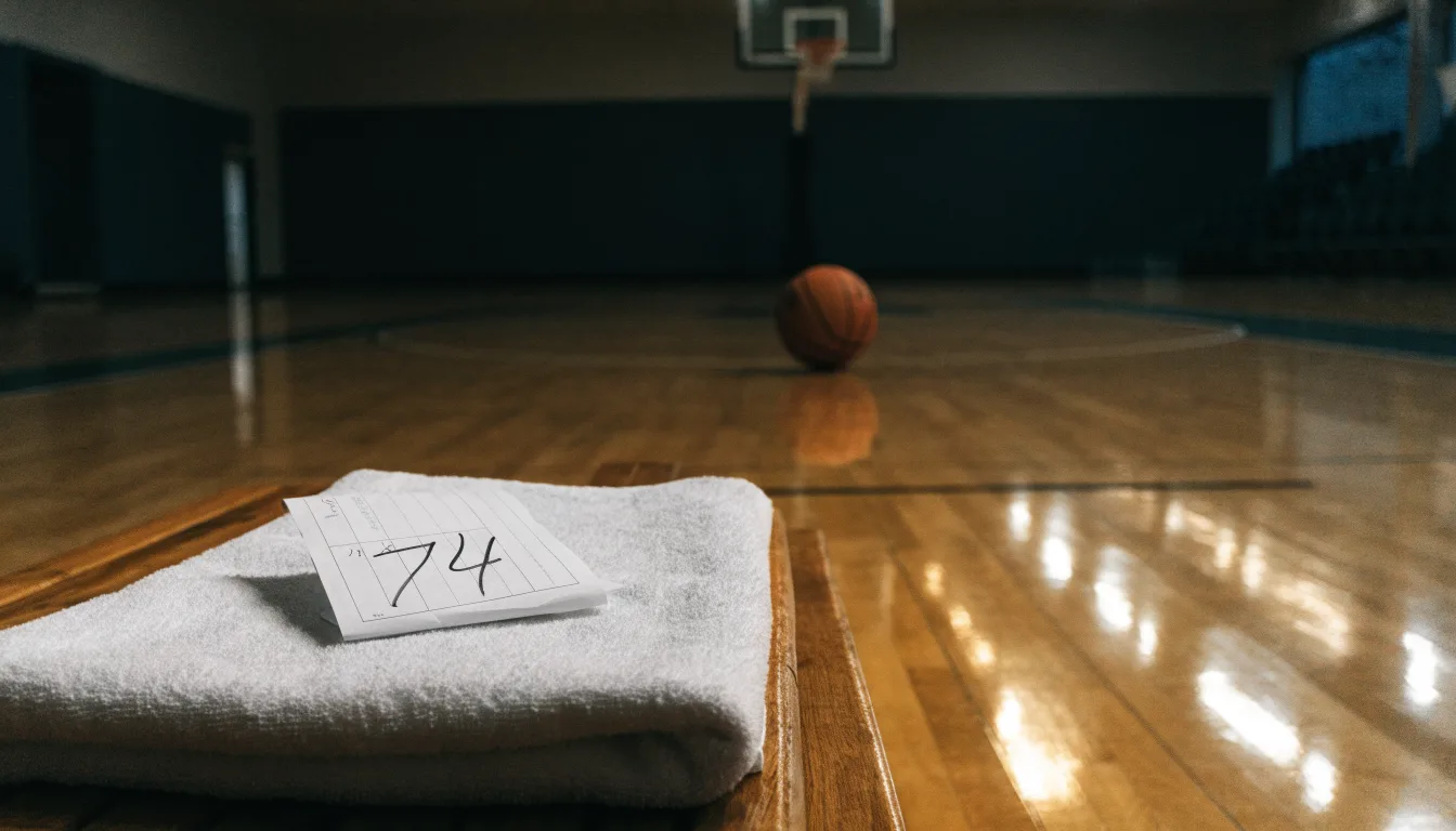 Ein Basketball liegt auf der Freiwurflinie einer Halle, im Vordergrund ein Handtuch auf einer Bank.