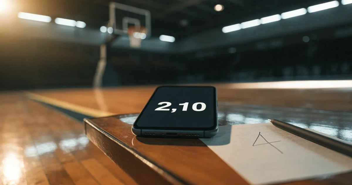 Eine leere Basketballhalle mit glänzendem Parkett und einem Korb im Hintergrund, Licht von Deckenstrahlern spiegelt sich im Boden.
