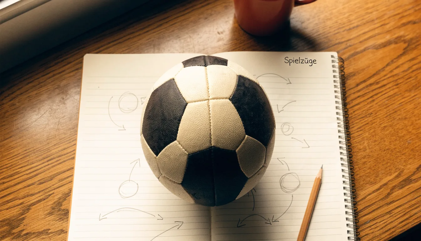Ein Fußball liegt auf einem Notizbuch mit handgezeichneten Skizzen von Spielzügen, aufgenommen von oben auf einem Holztisch.