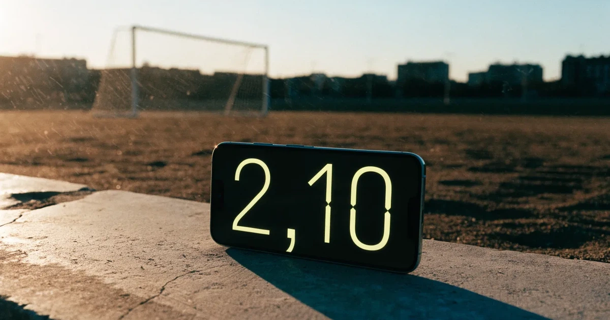 Ein sandiger Fußballplatz am Rand einer Stadt in warmem Abendlicht, Staub in der Luft und zwei Tore in der Ferne.