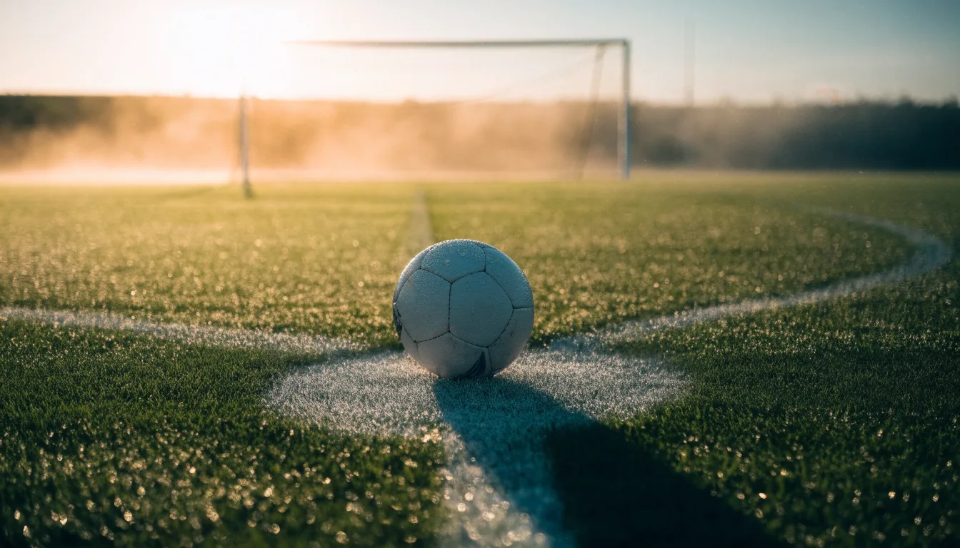 Ein Fußball liegt auf dem Anstoßpunkt eines Rasens bei Sonnenaufgang, Tau glitzert auf den Halmen.