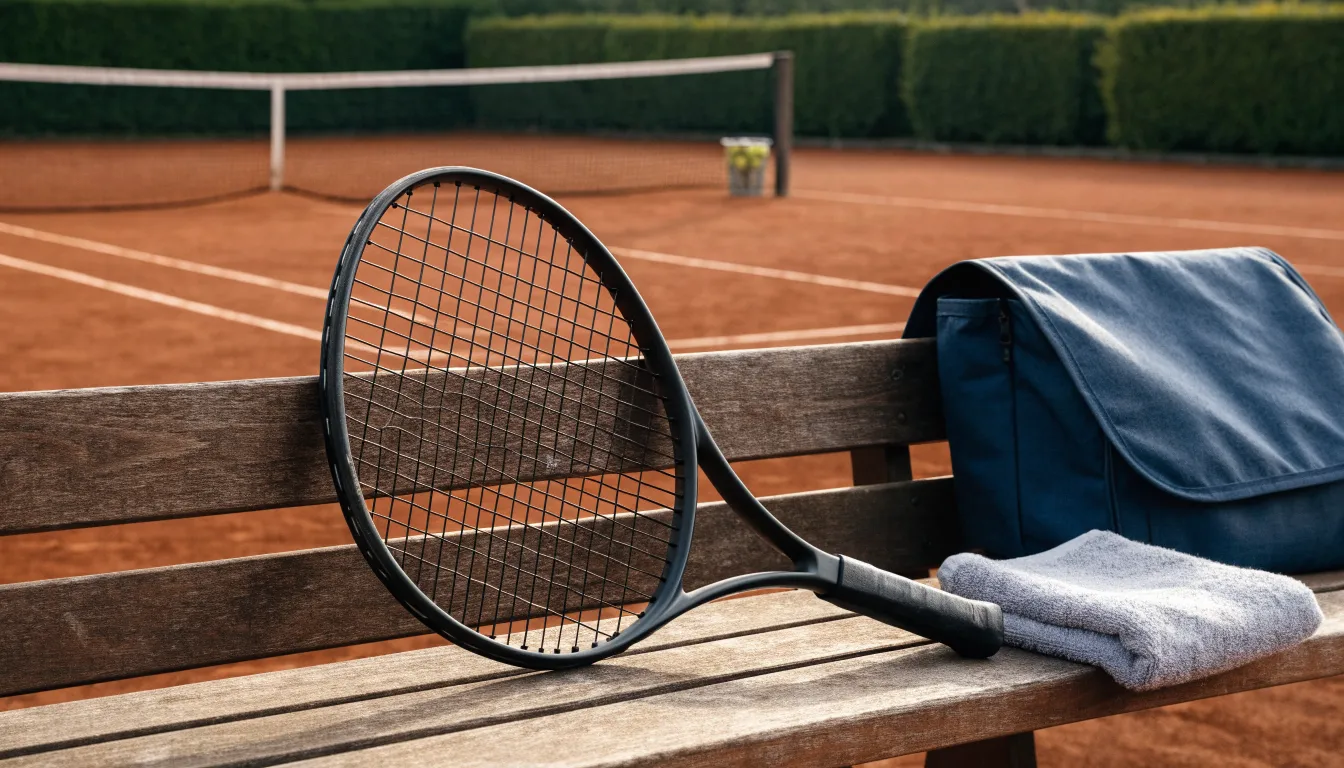 Ein Tennisschläger lehnt an einer Bank neben einer Sporttasche, im Hintergrund ein leerer Platz.