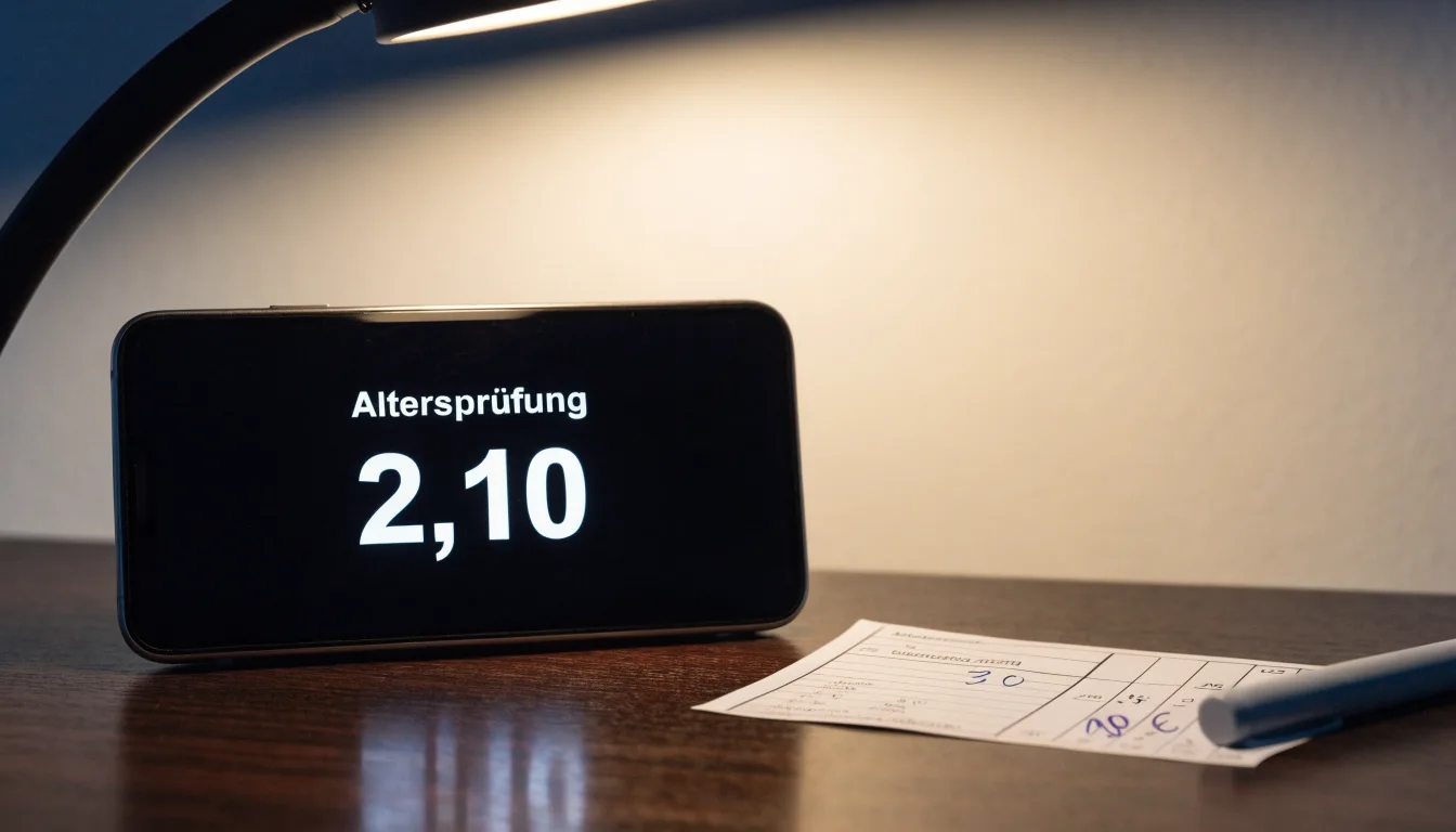 Eine Waage aus Messing und ein geschlossener Ordner ohne Beschriftung stehen neben einer Tischlampe auf einem Schreibtisch.