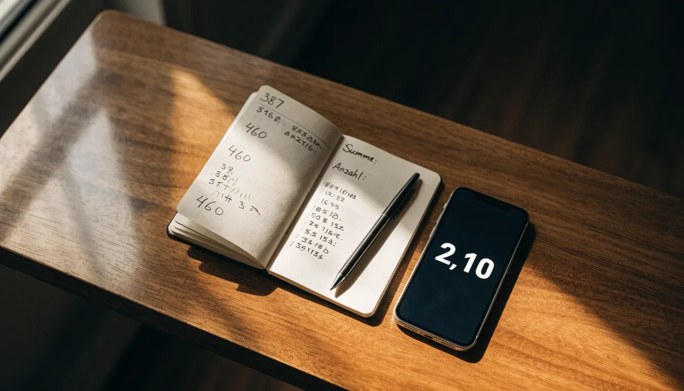Ein Notizbuch mit handschriftlichen Notizen und ein Kugelschreiber liegen neben einem Smartphone mit dunklem Display auf einem Holztisch.