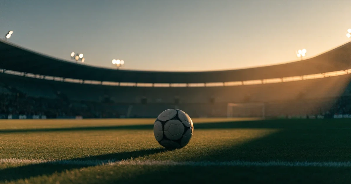 Ein Fußball liegt auf dem Anstoßpunkt eines leeren Rasenplatzes, im Hintergrund eine große Stadiontribüne im Abendlicht.