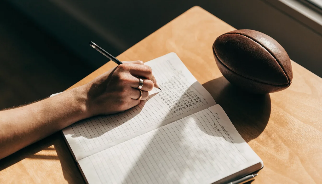 Eine Hand notiert mit Bleistift Zahlen in ein kariertes Heft, daneben liegt ein kleiner Lederfußball auf einer Holzplatte.
