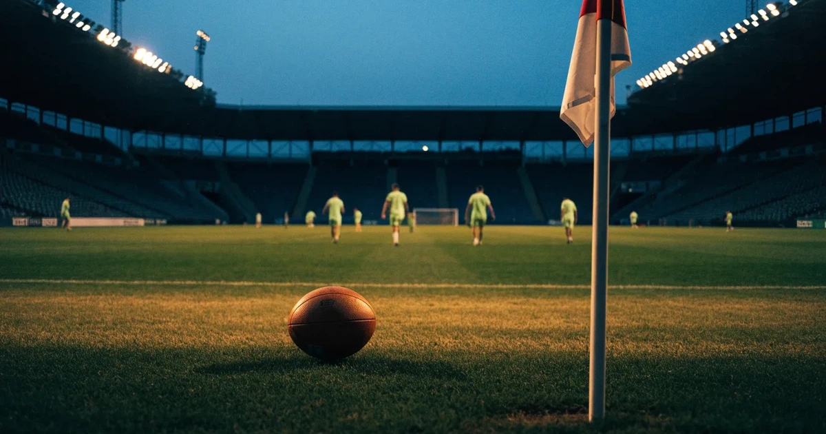 Blick durch ein Stadiontor auf einen grünen Rasen im Abendlicht, ein Ball ruht an der Eckfahne, die Tribünen sind leer.