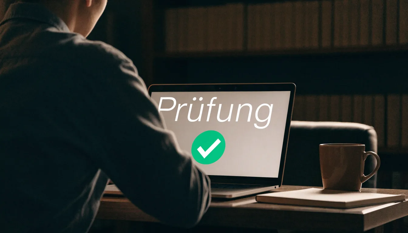 Eine Balkenwaage aus Messing steht auf einem dunklen Holztisch vor einer Bücherwand, gedämpftes Licht, keine lesbare Beschriftung.