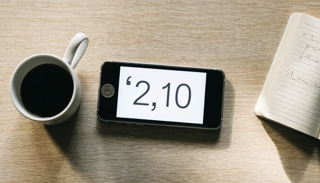 Ein Smartphone mit dunklem Display liegt neben einer Kaffeetasse und einem Notizblock auf einem hellen Tisch.