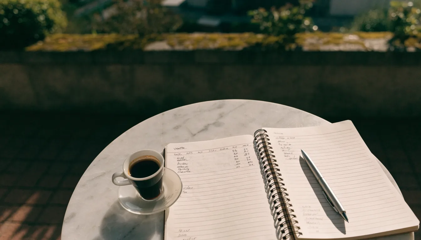 Eine Espressotasse steht auf einem kleinen Marmortisch einer Terrasse, daneben ein Notizheft mit handschriftlichen Skizzen.
