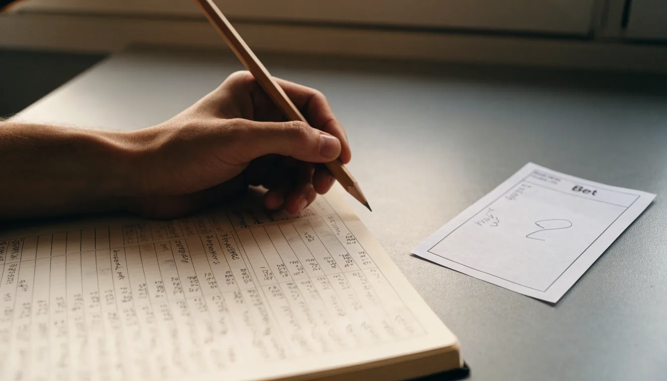 Ein Taschenrechner, ein Bleistift und ein Block mit handschriftlichen Zahlenreihen liegen auf einer grauen Arbeitsfläche.