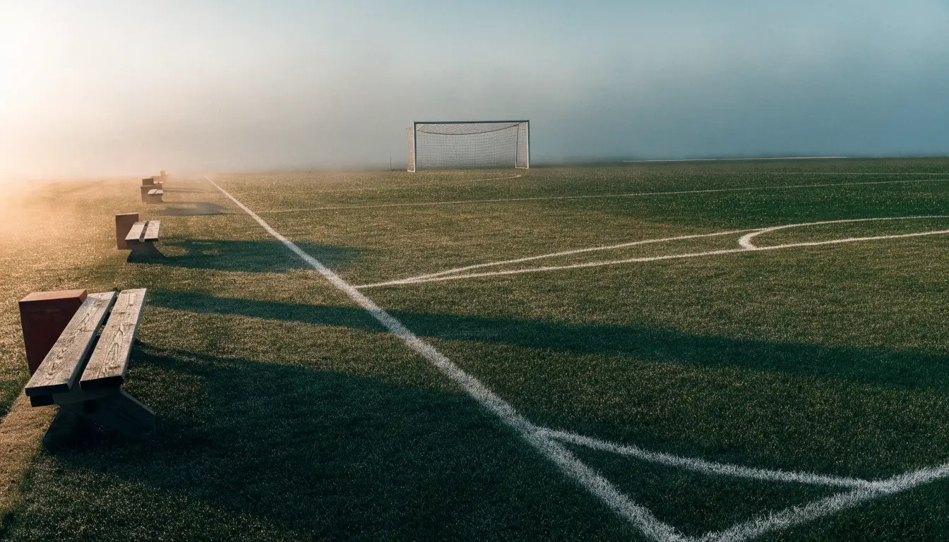 Ein Fußballplatz mit frisch gezogenen Kreidelinien im ersten Morgenlicht, leere Ersatzbänke am Spielfeldrand.
