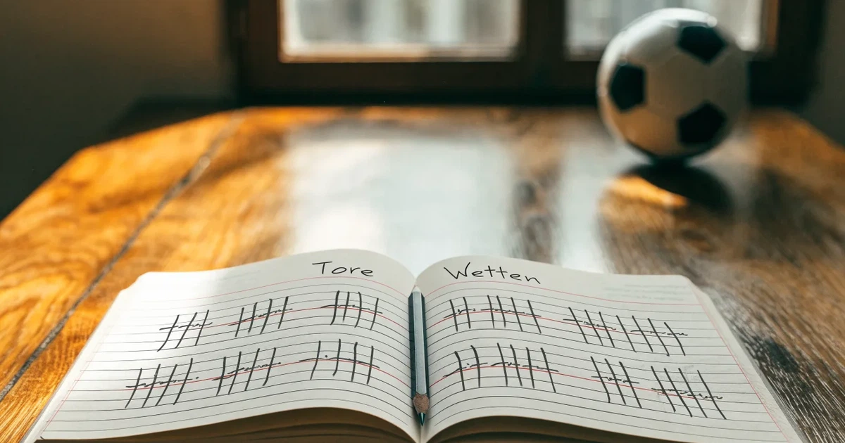 Ein Notizbuch mit handschriftlichen Strichlisten, ein Bleistift und ein kleiner Fußball liegen auf einem Schreibtisch vor einem Fenster.
