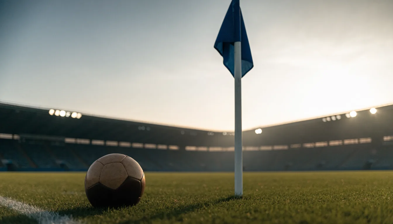 Ein Fußball liegt neben einem Eckfahnen-Pfosten auf einem Rasenplatz, im Hintergrund ein leeres Stadion in der Dämmerung.