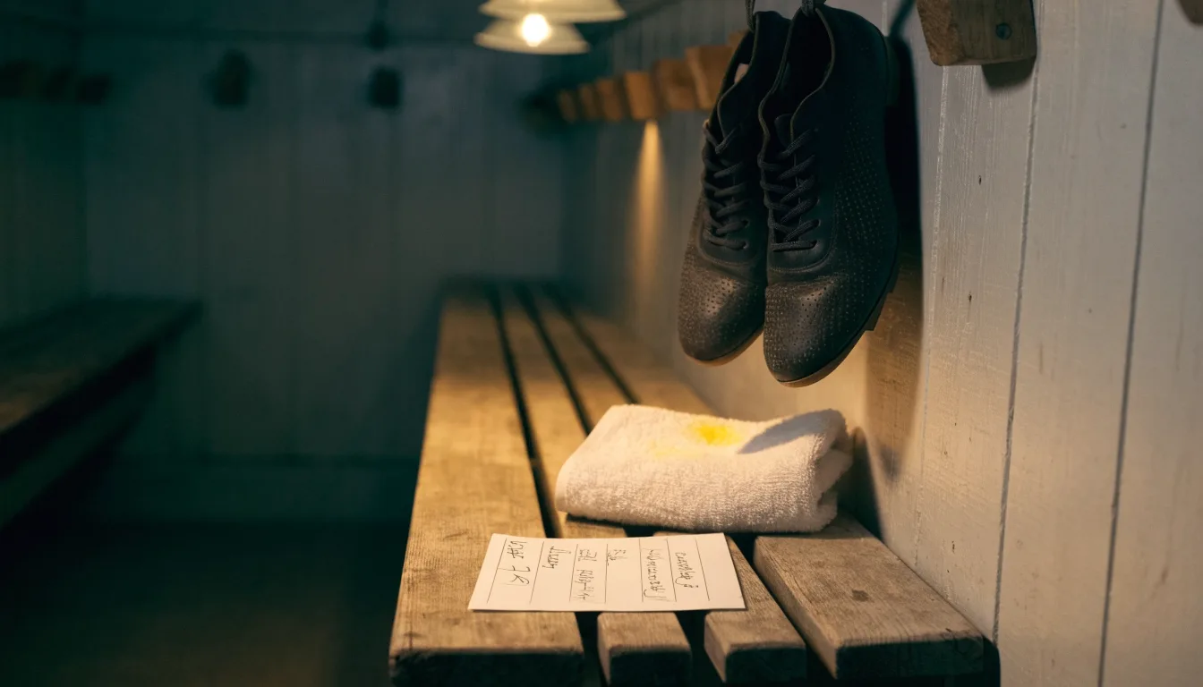 Ein Paar Fußballschuhe hängt an den Schnürsenkeln an einem Holzhaken in einer leeren Umkleidekabine.