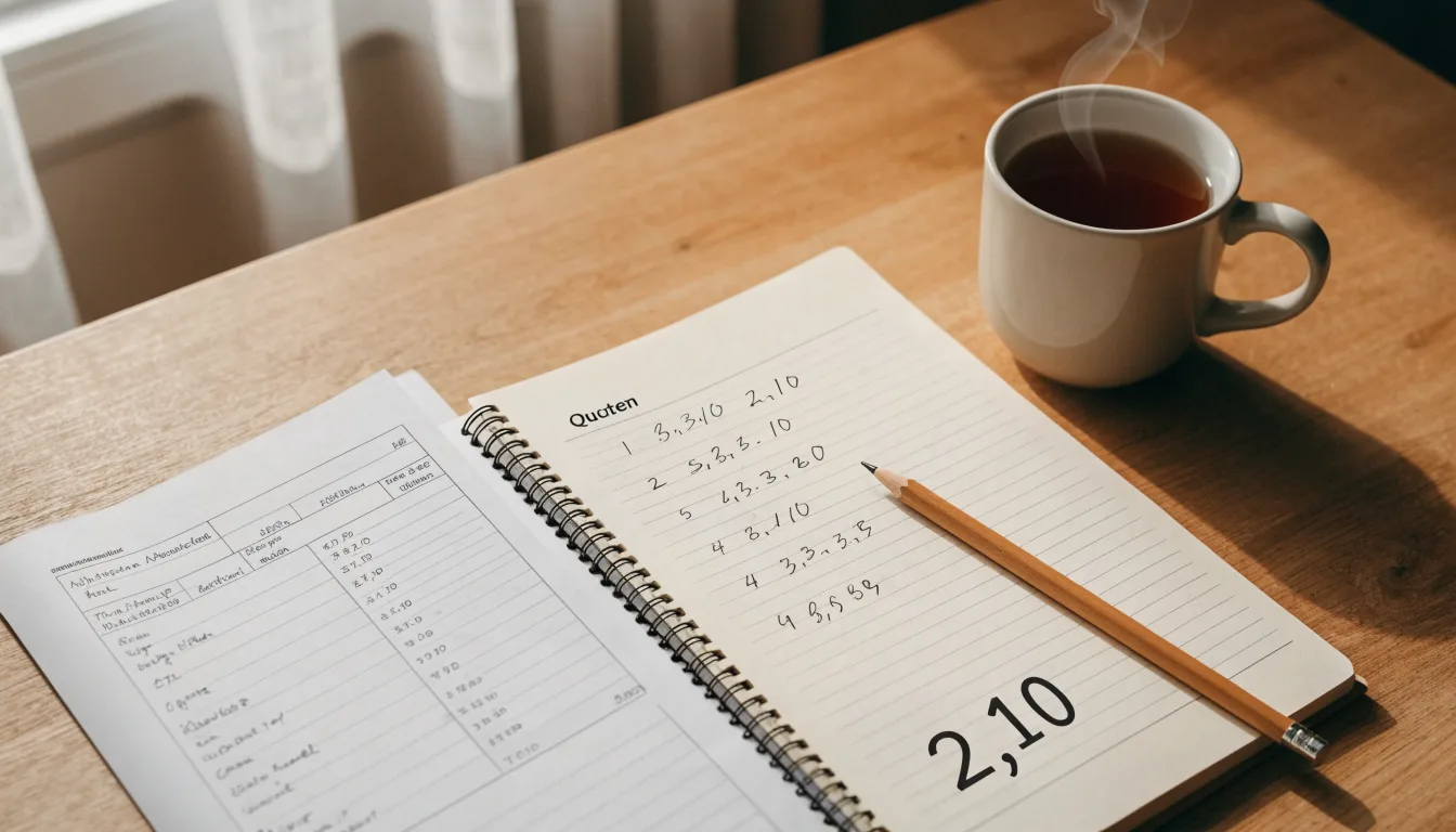 Ein Schreibtisch mit Taschenrechner, Bleistift und einem Block voller handschriftlicher Rechnungen, daneben eine Tasse Tee.