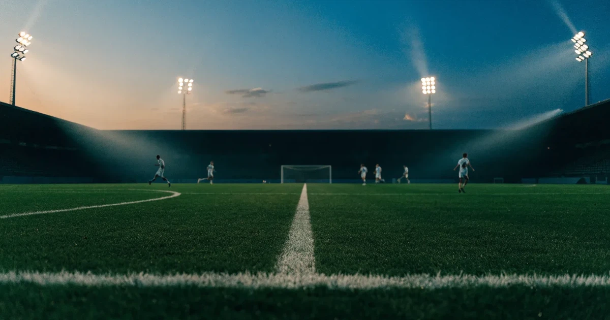 Eine Flutlichtanlage ragt über einen Trainingsplatz, auf dem Rasen liegen verstreut Hütchen und ein Ball, am Himmel die Abenddämmerung.
