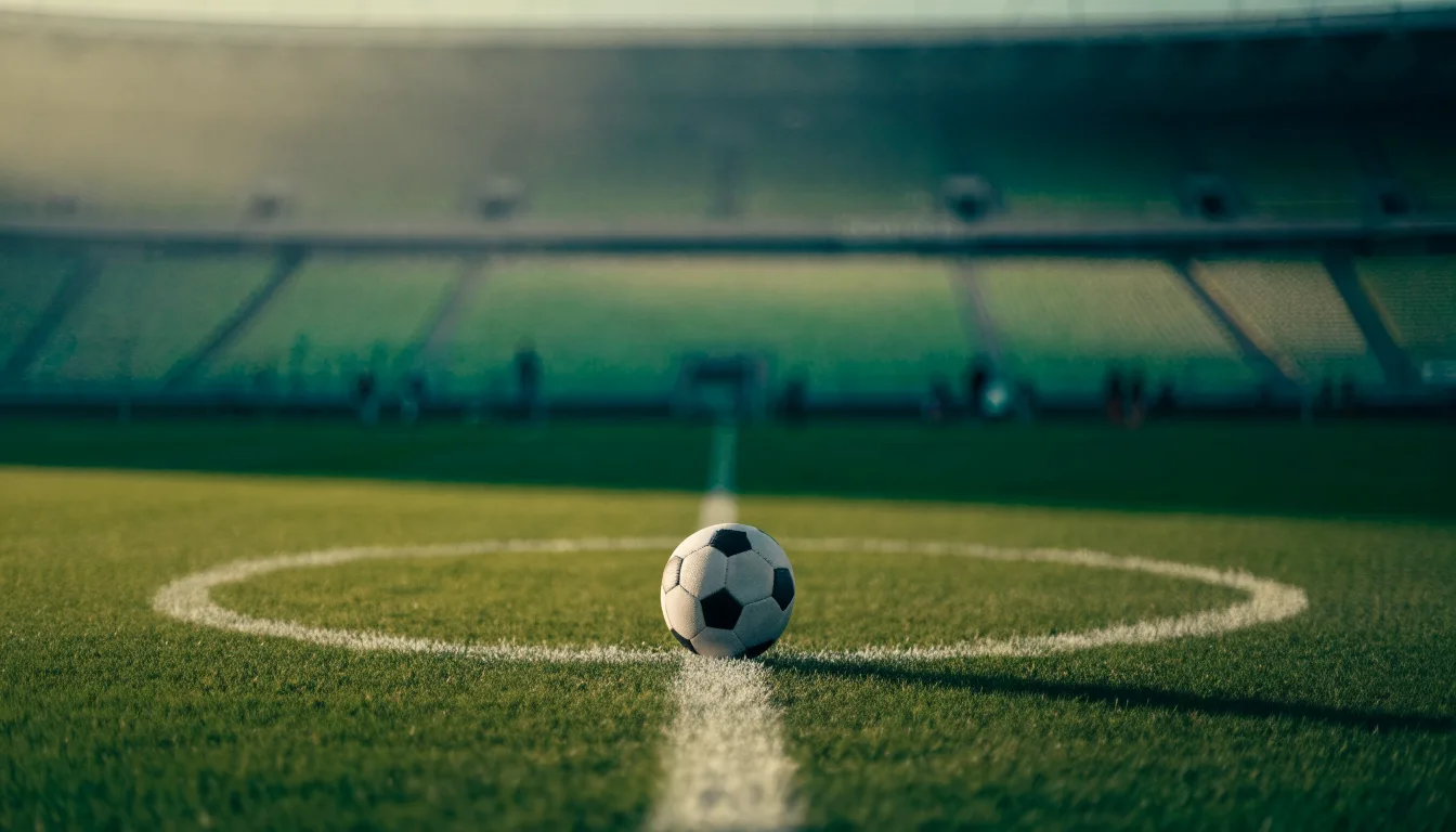 Ein Fußball liegt auf dem Rasen im Mittelkreis, die Kreidelinien führen scharf ins Bild, dahinter verschwimmt eine Tribüne.