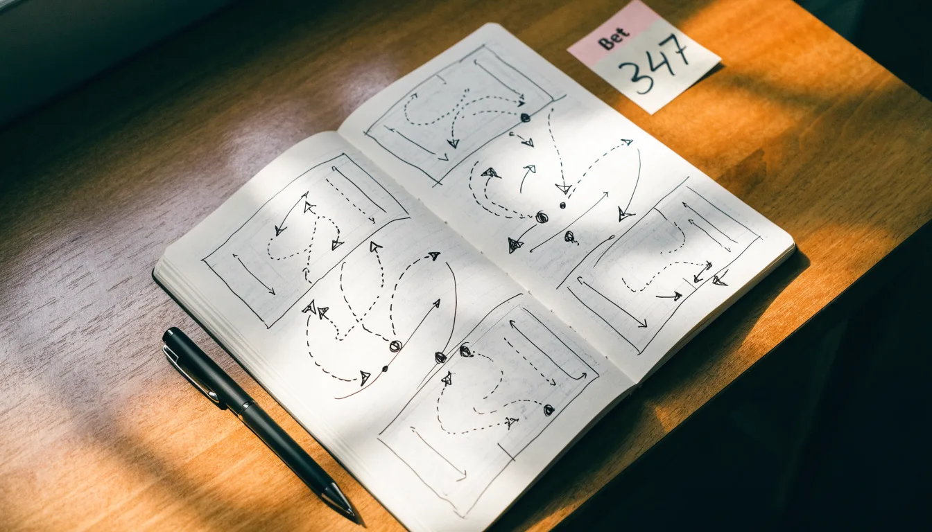 Ein aufgeschlagenes Notizbuch mit handschriftlichen Skizzen von Spielzügen liegt neben einem Kugelschreiber auf einem Holztisch.