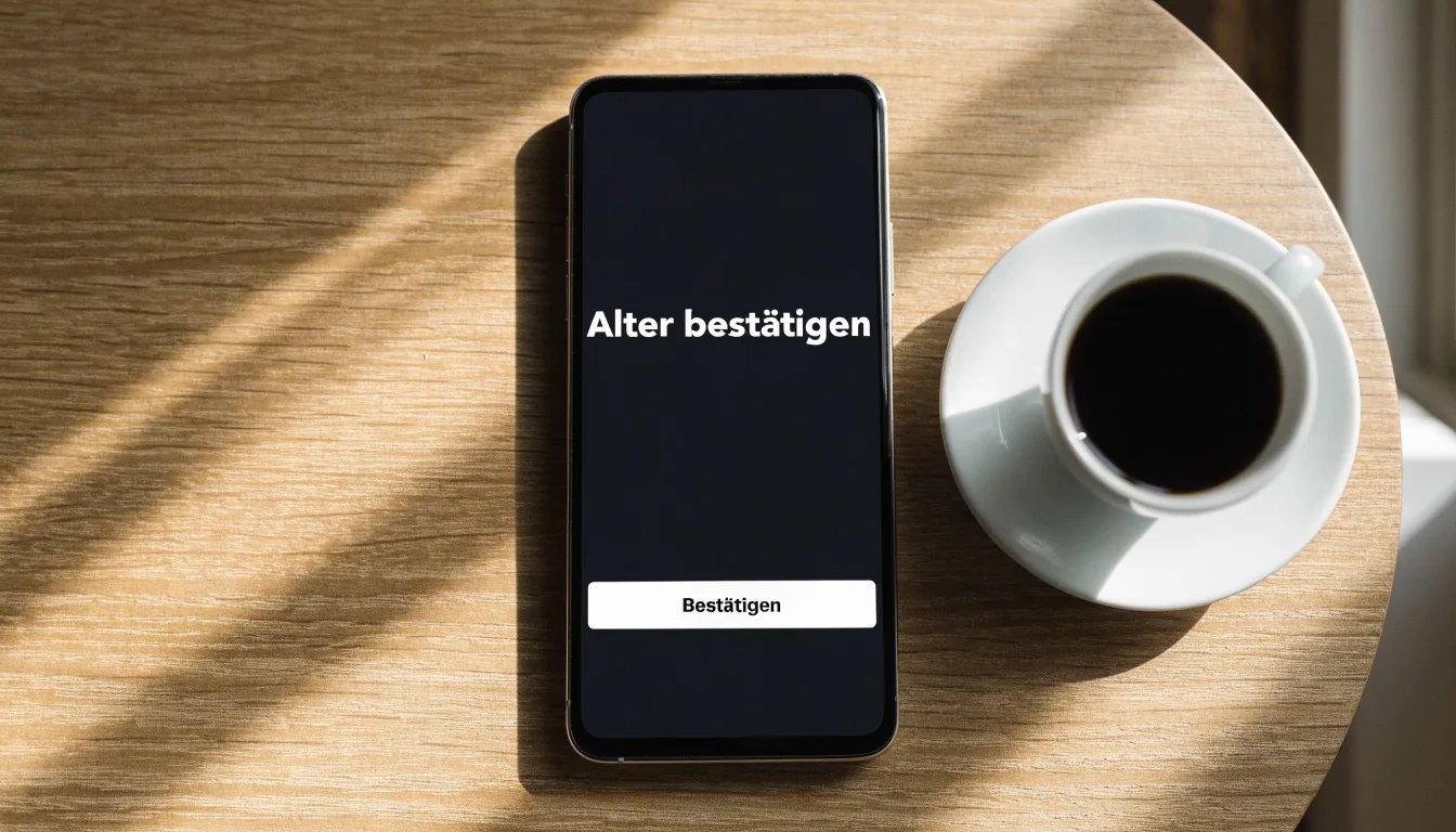 Ein Smartphone mit dunklem Display liegt neben einer Kaffeetasse auf einem Holztisch im Licht eines Fensters.