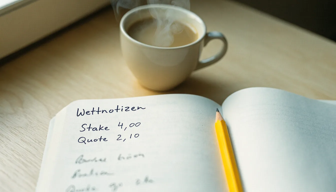 Ein aufgeschlagenes Notizbuch mit handgeschriebenen Stichpunkten und ein Bleistift liegen neben einer Kaffeetasse auf einem hellen Holztisch.