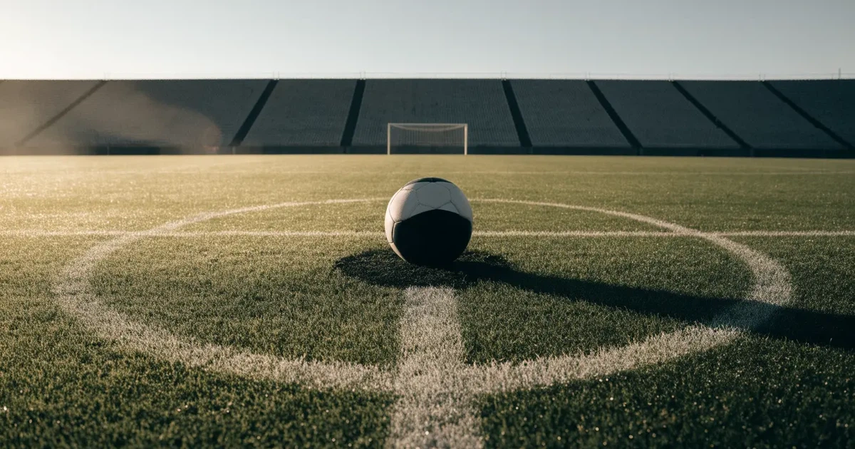 Ein Fußball liegt auf dem Mittelkreis eines Stadionrasens am frühen Morgen, im Hintergrund leere Ränge ohne erkennbare Beschriftung.