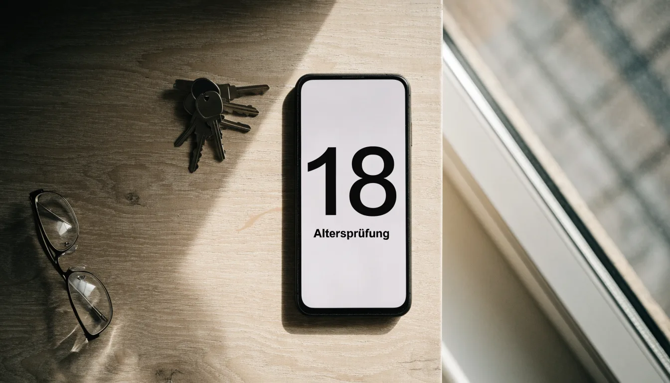 Ein Smartphone liegt mit dunklem Display auf einem Holztisch neben einem Schlüsselbund und einer Brille im Licht eines Fensters.