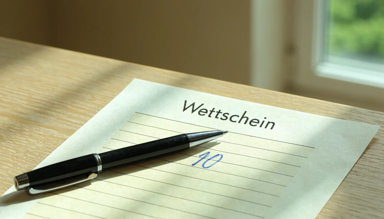 Ein leerer Papier-Wettschein und ein Kugelschreiber liegen auf einer Theke aus hellem Holz im Tageslicht.