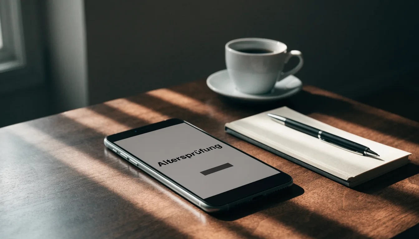 Ein Smartphone liegt mit dunklem Display auf einem Schreibtisch neben einem Notizbuch und einer Kaffeetasse.