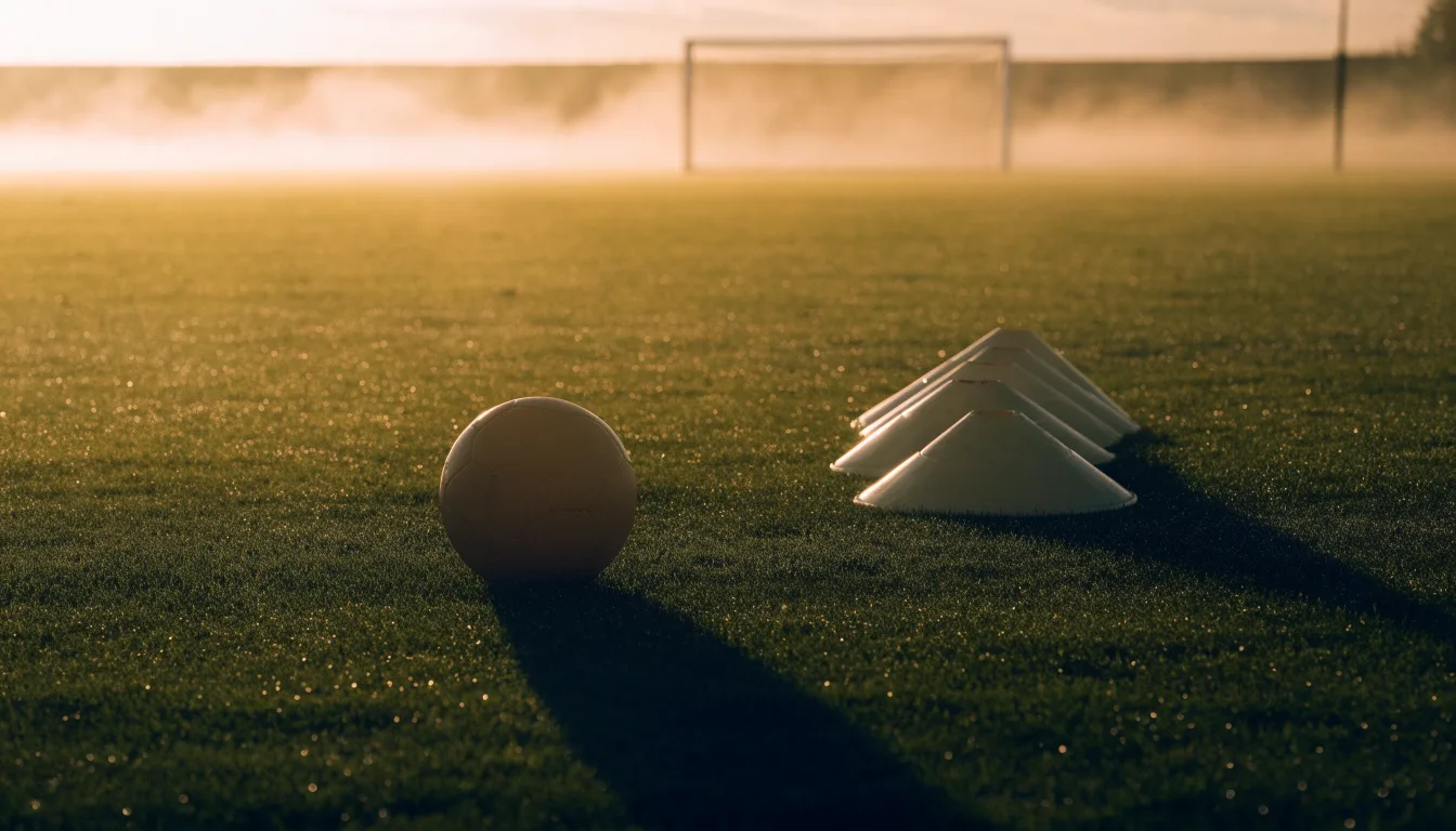 Ein Fußball liegt auf einem Rasenplatz bei Sonnenaufgang, daneben ein kleiner Stapel Trainingshütchen.