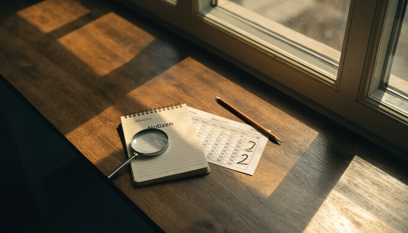 Ein schmaler Schreibtisch am Fenster mit einem Notizbuch, einer Lupe und einem Bleistift im Morgenlicht.