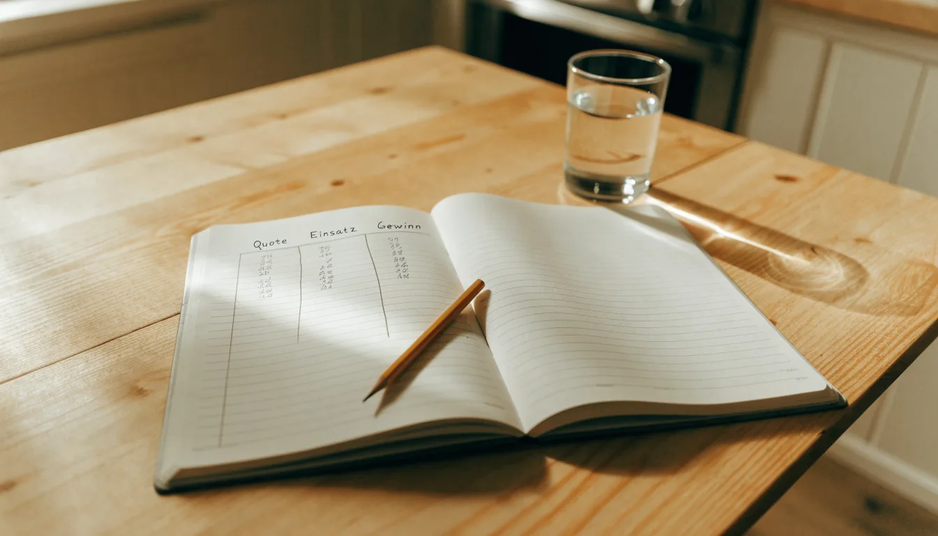 Ein Notizbuch mit handgezeichneten Spalten und ein Bleistift liegen auf einem hellen Holztisch neben einem Glas Wasser.