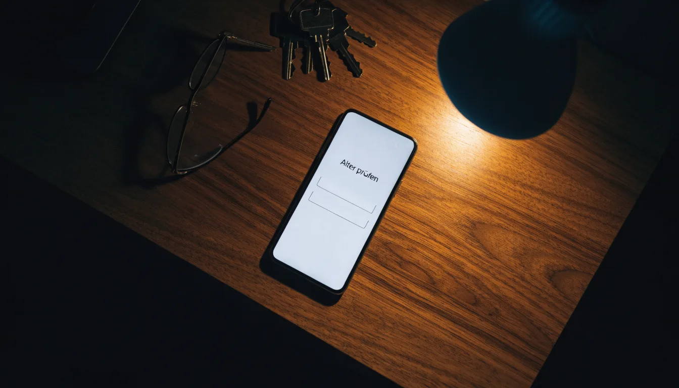 Ein Smartphone liegt mit dunklem Display auf einem Schreibtisch neben einem Schlüsselbund und einer Brille.
