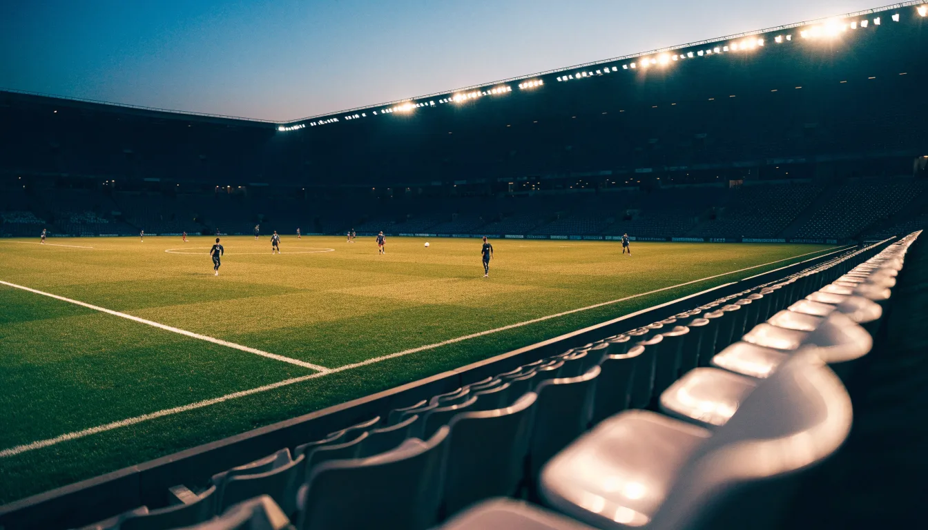 Eine leere Stadiontribüne unter Flutlicht aus der Ferne betrachtet, die Rasenfläche leuchtet grün in der Dämmerung.