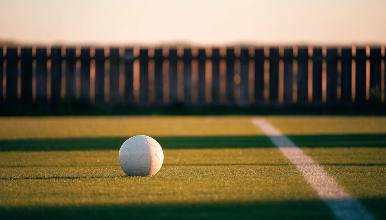 Ein Fußball liegt am Rand eines Rasens neben einer weißen Linie, im Hintergrund ein Zaun in der Abendsonne.