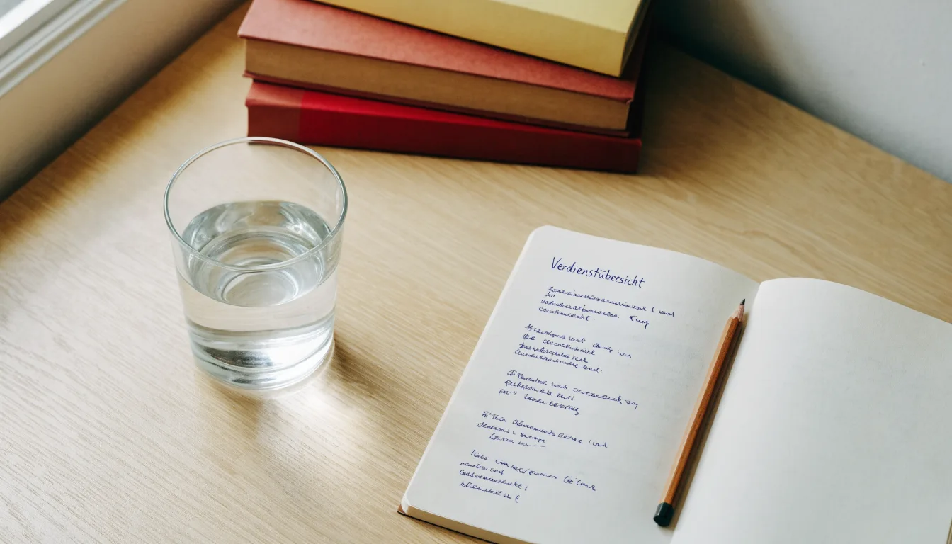 Ein Notizbuch und ein Bleistift liegen neben einem Glas Wasser auf einem hellen Tisch.